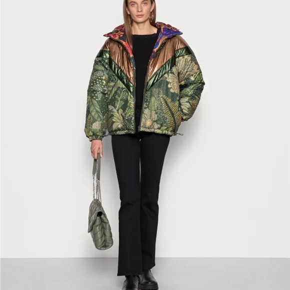 FARM Rio Green Cool Leopard Hooded Metallic Quilted Reversible Puffer Jacket XS - Picture 7 of 12